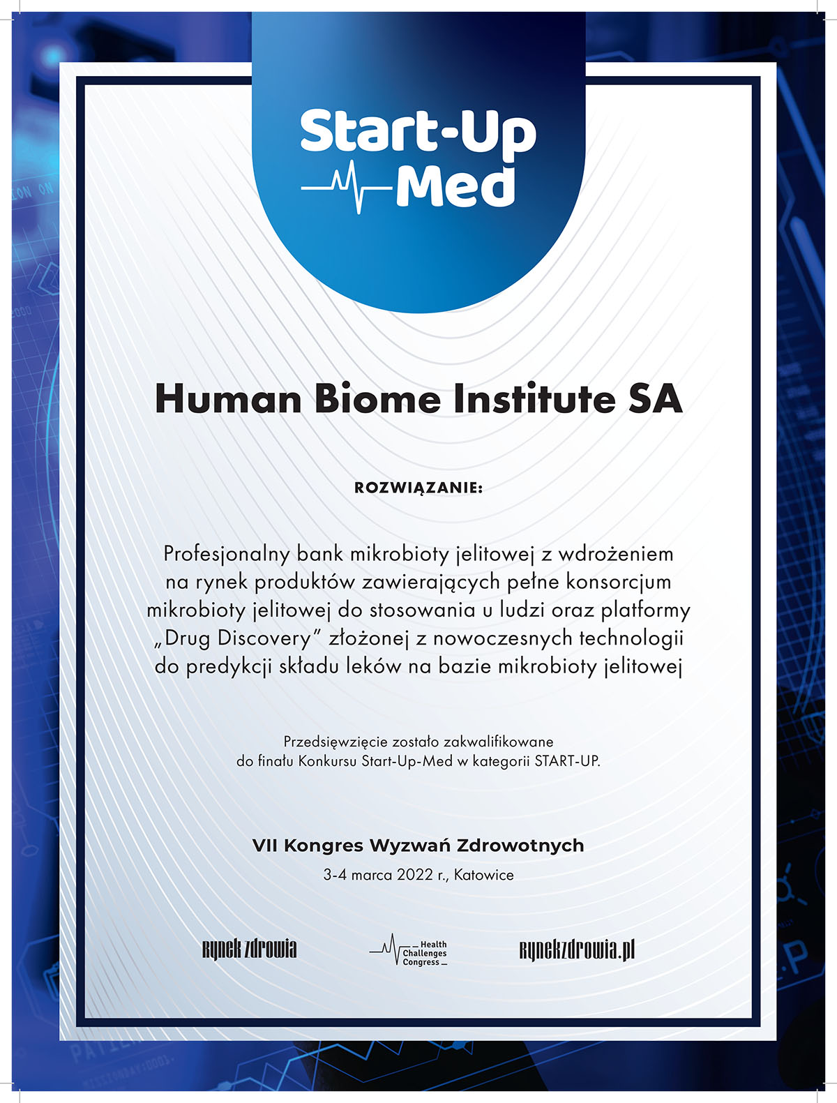 Human Biome Institute zwycięzcą Start-Up Med 2022!